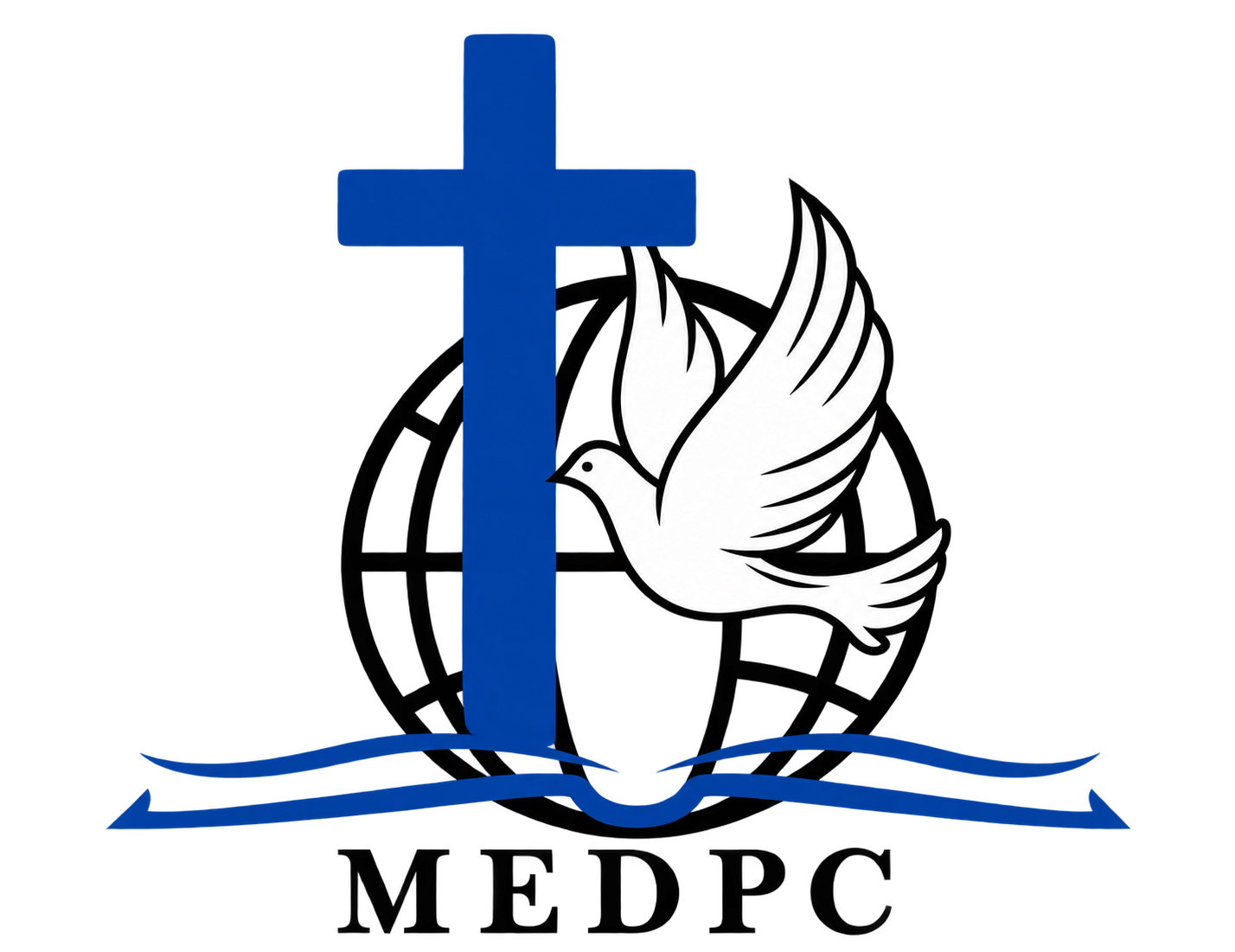 Primitive Church of God in Christ logo: cross, dove, globe, and MEDPC